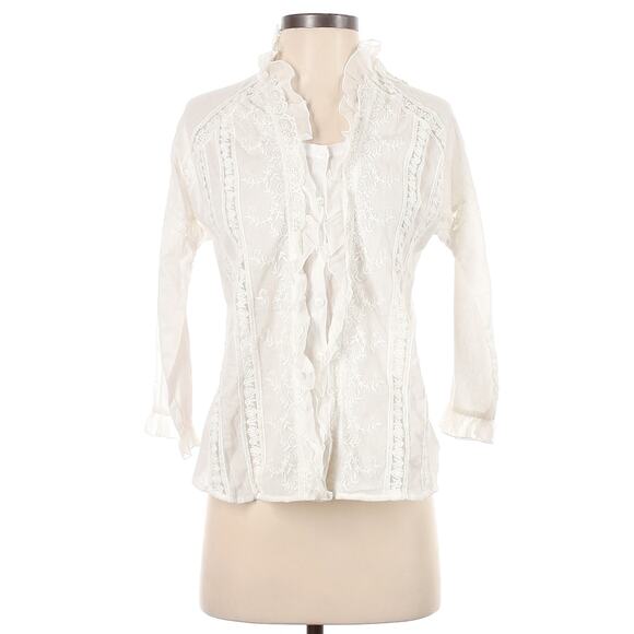 CHASING UNICORNS Dream A Little Dream Of Me button up white ruffle blouse Sz XS